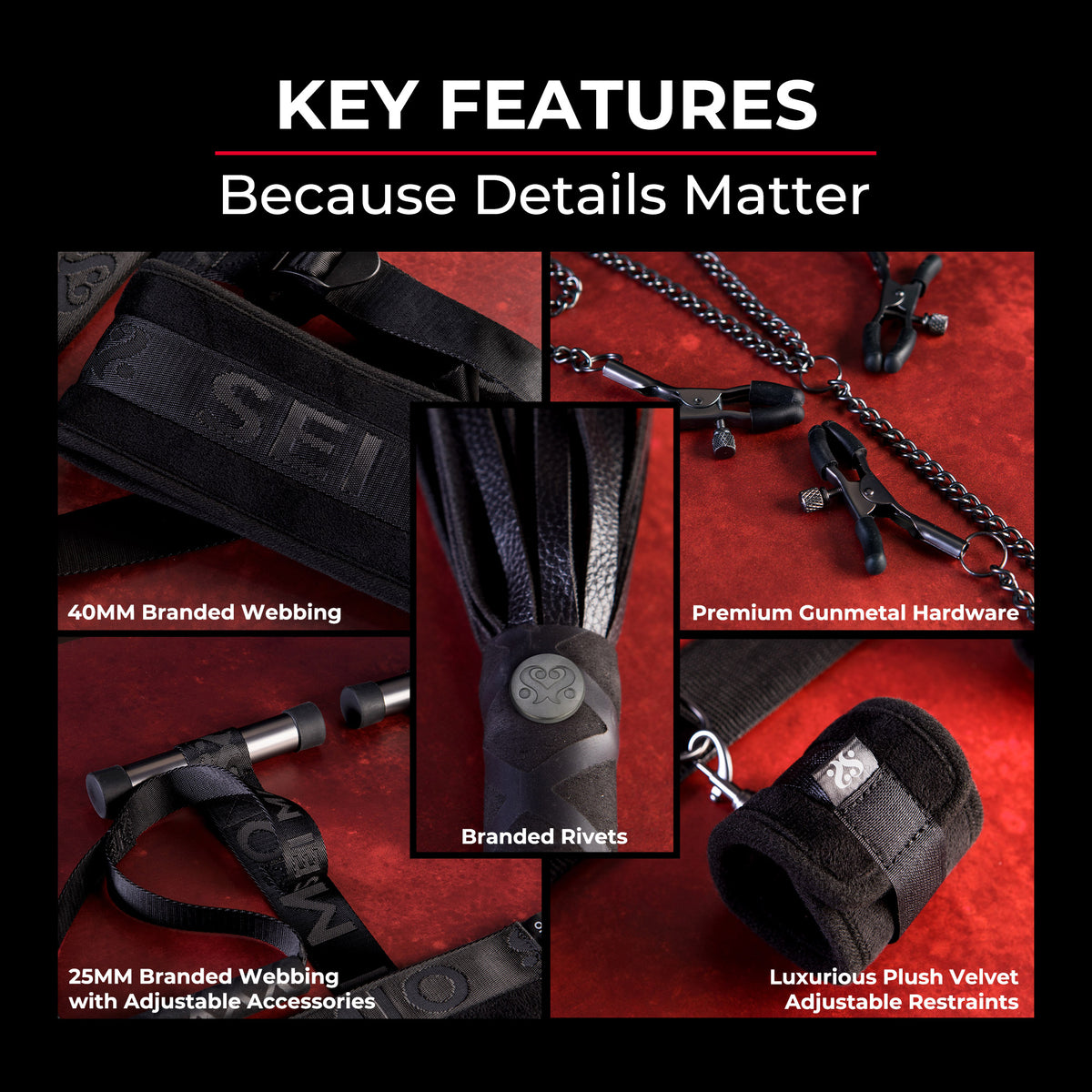 Sei Mio key features graphic: branded webbing, gunmetal hardware, branded rivets and plush velvet restraints