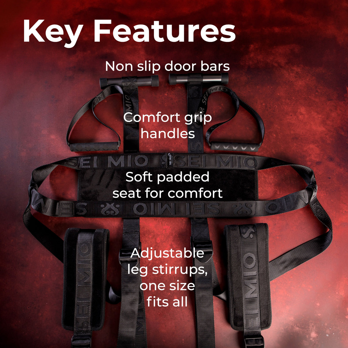 Behind Closed Doors key features: non-slip door bars, comfort grip handles, padded seat and adjustable stirrups