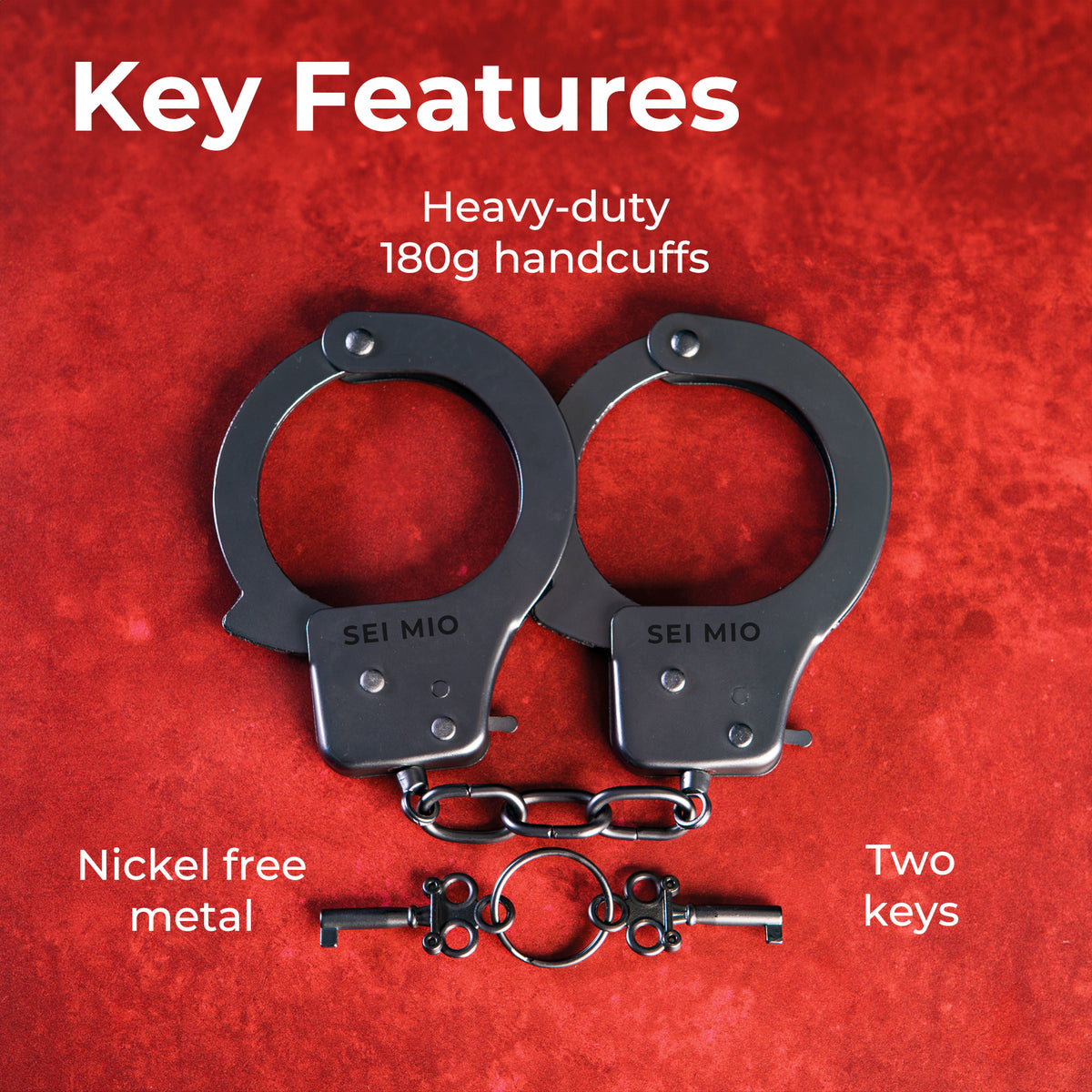 Sei Mio handcuffs key features: heavy-duty 180g metal, nickel-free finish and two keys