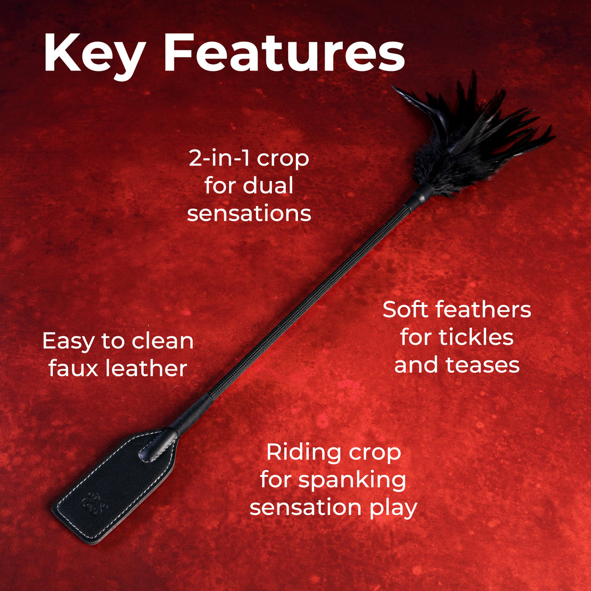 Slap and Tickle key features: 2-in-1 crop, soft feathers, easy-clean faux leather and riding crop for spanking
