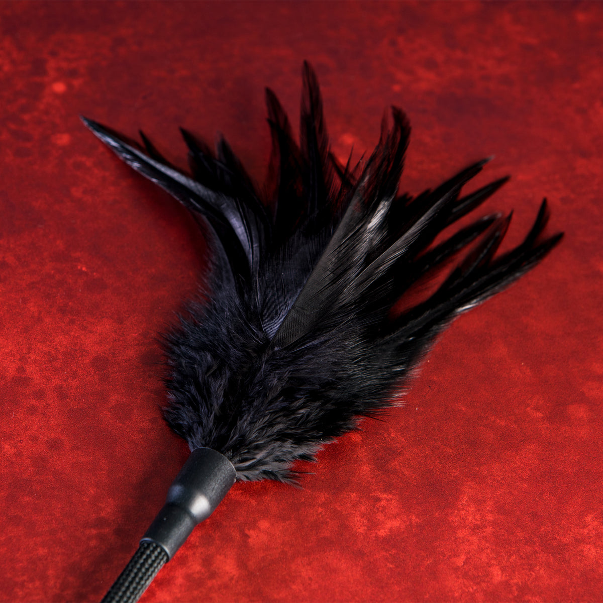 Close-up of the soft black feather tickler end of the Sei Mio Slap and Tickle crop
