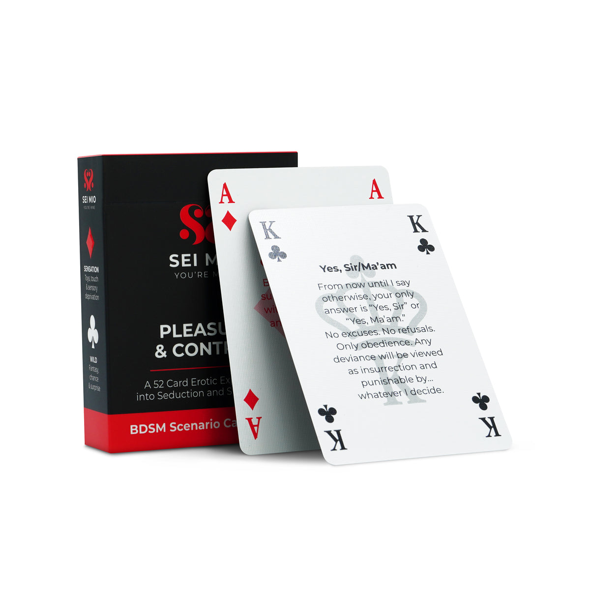 Sei Mio Pleasure & Control box with two example scenario cards on a white background