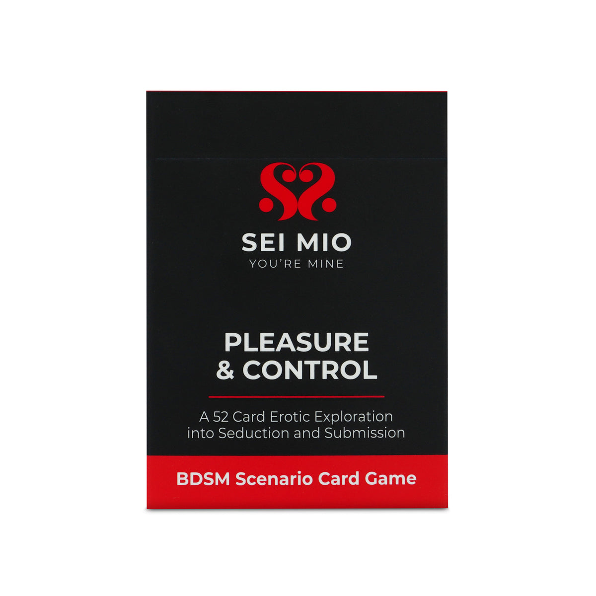 Front of the Sei Mio Pleasure & Control BDSM scenario card game box