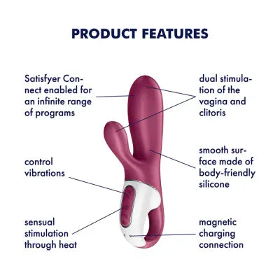 Satisfyer Hot Bunny product features diagram: dual stimulation, heat, app control and magnetic charging