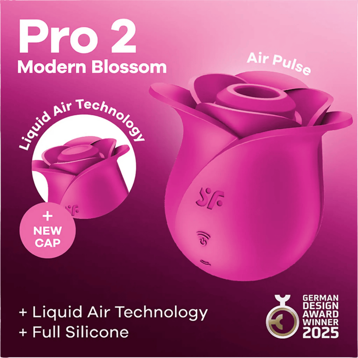 Satisfyer Pro 2 Modern Blossom with Liquid Air cap and German Design Award 2025 badge