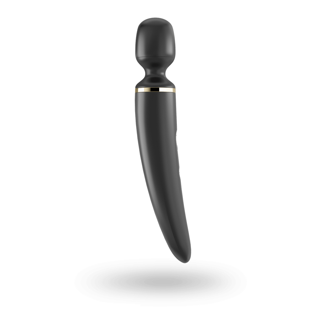Satisfyer Wand-er Woman in black, side profile showing the curved handle