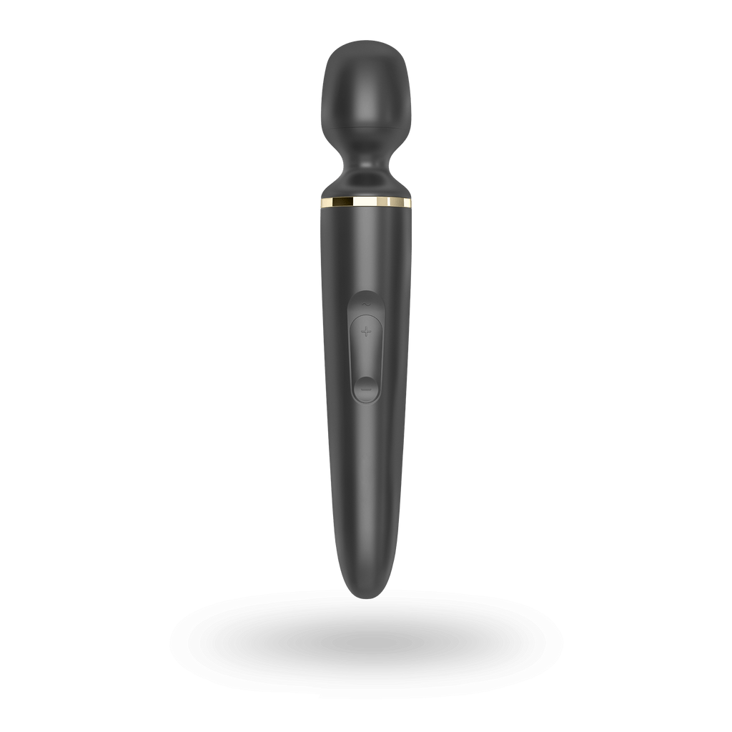 Satisfyer Wand-er Woman in black, front view showing the control buttons and gold trim