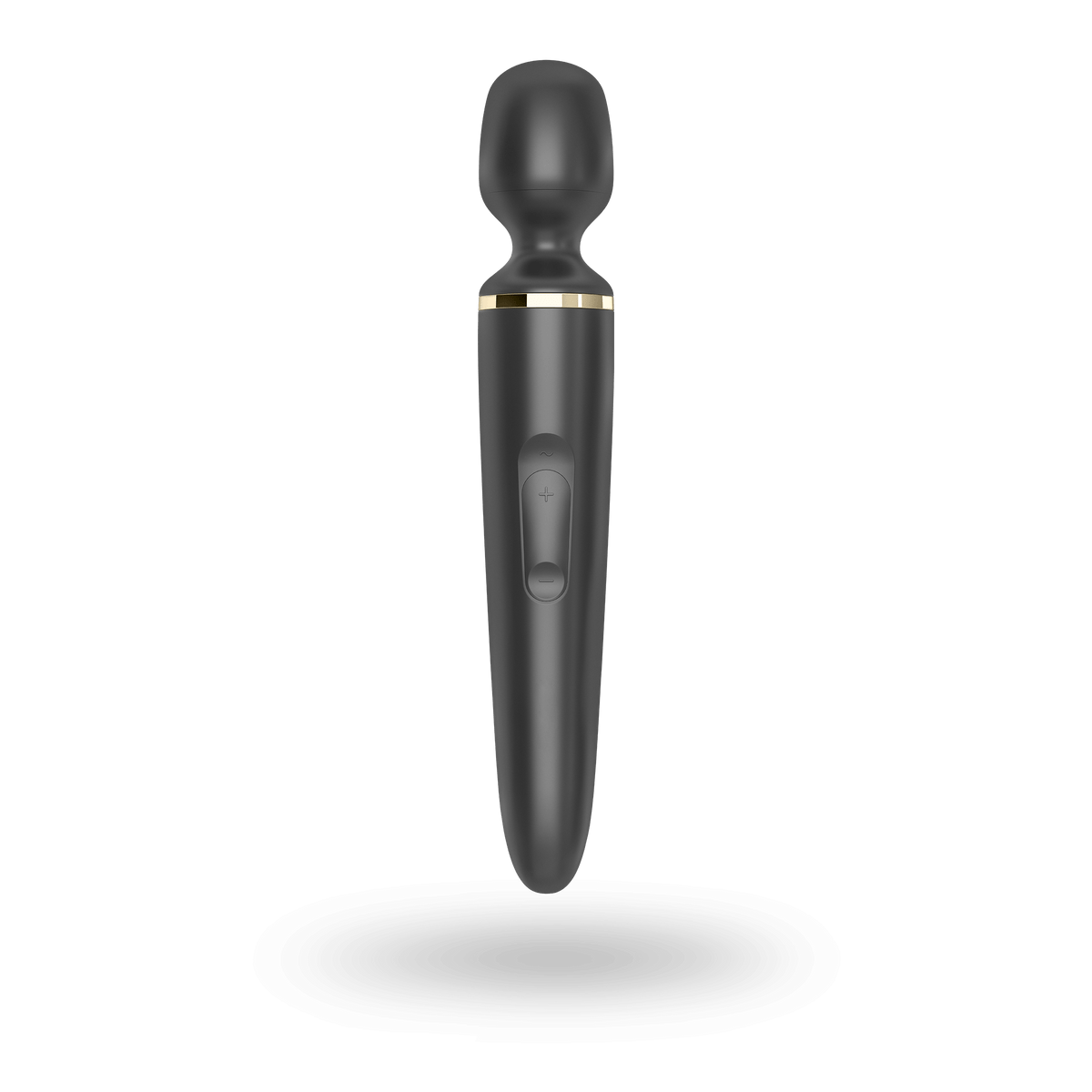 Satisfyer Wand-er Woman in black, front view showing the control buttons and gold trim