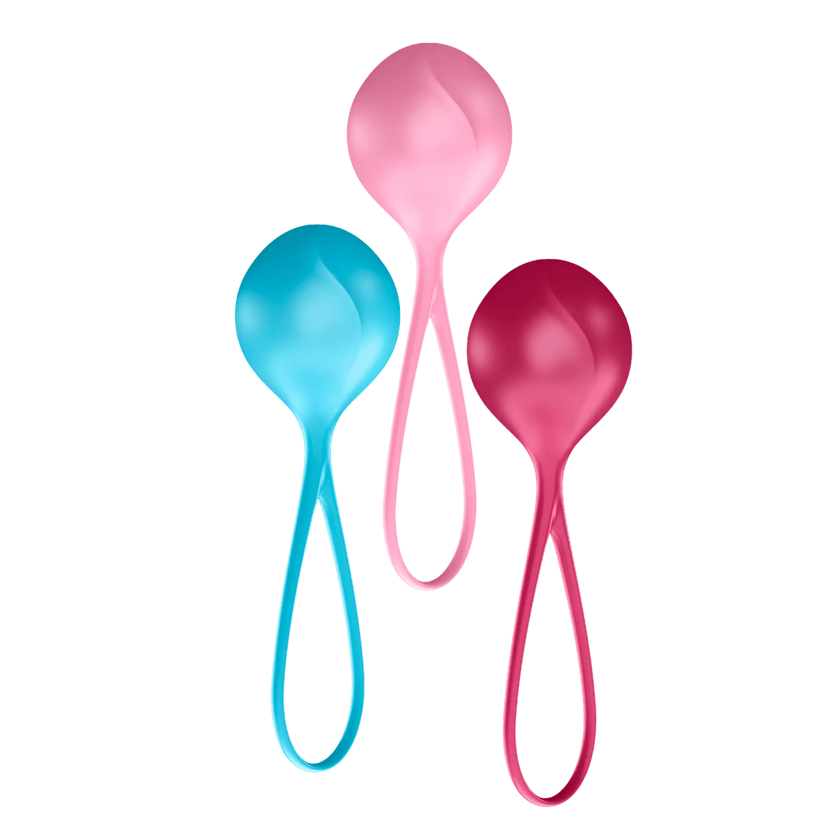 Satisfyer Strengthening Balls set of three single kegel balls in turquoise, pink and red