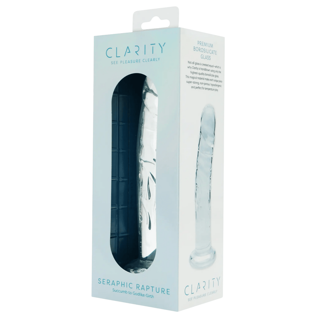 Clarity Seraphic Rapture box, angled view showing the glass dildo through the window