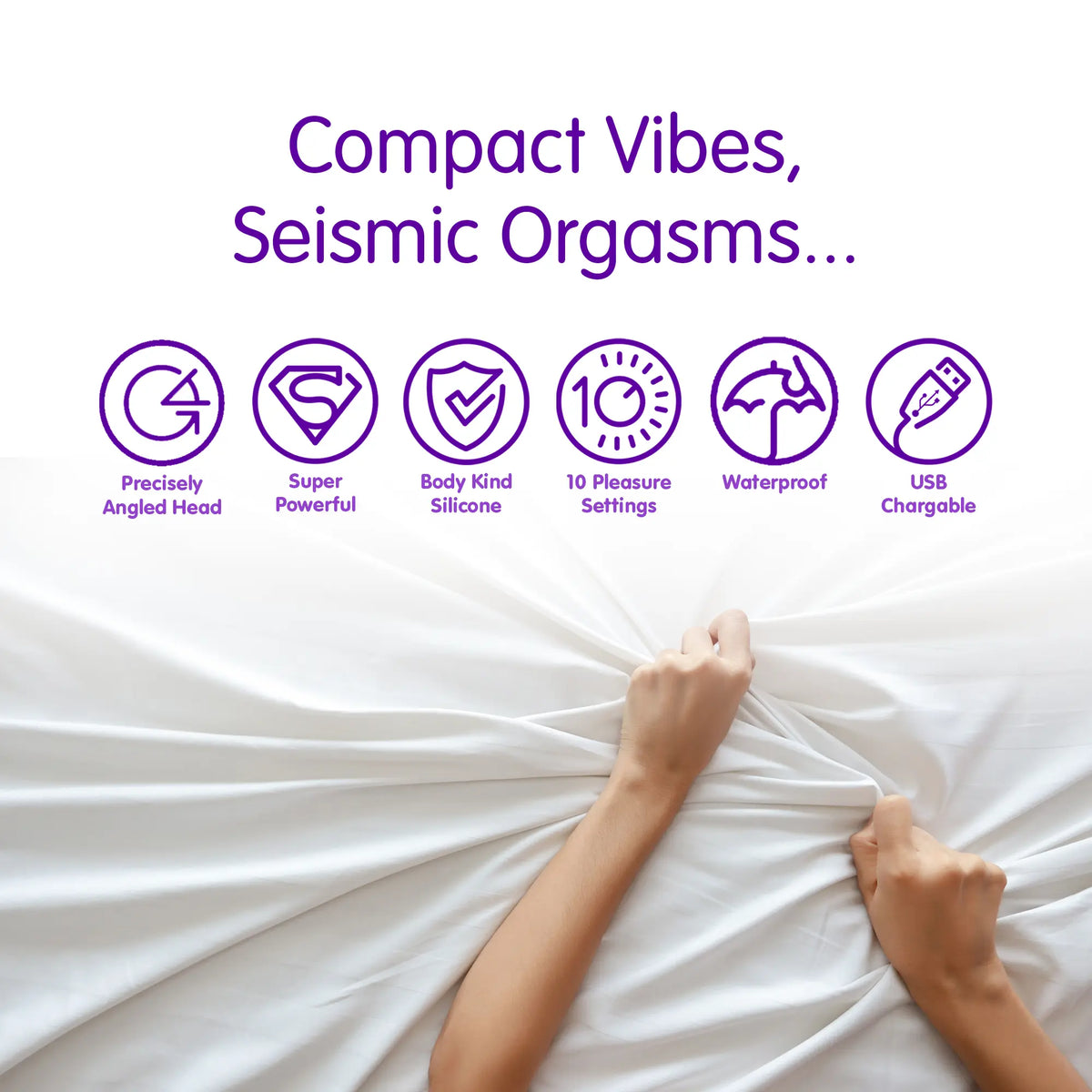 Skins Sweet G feature icons: angled head, body-safe silicone, 10 settings, USB rechargeable