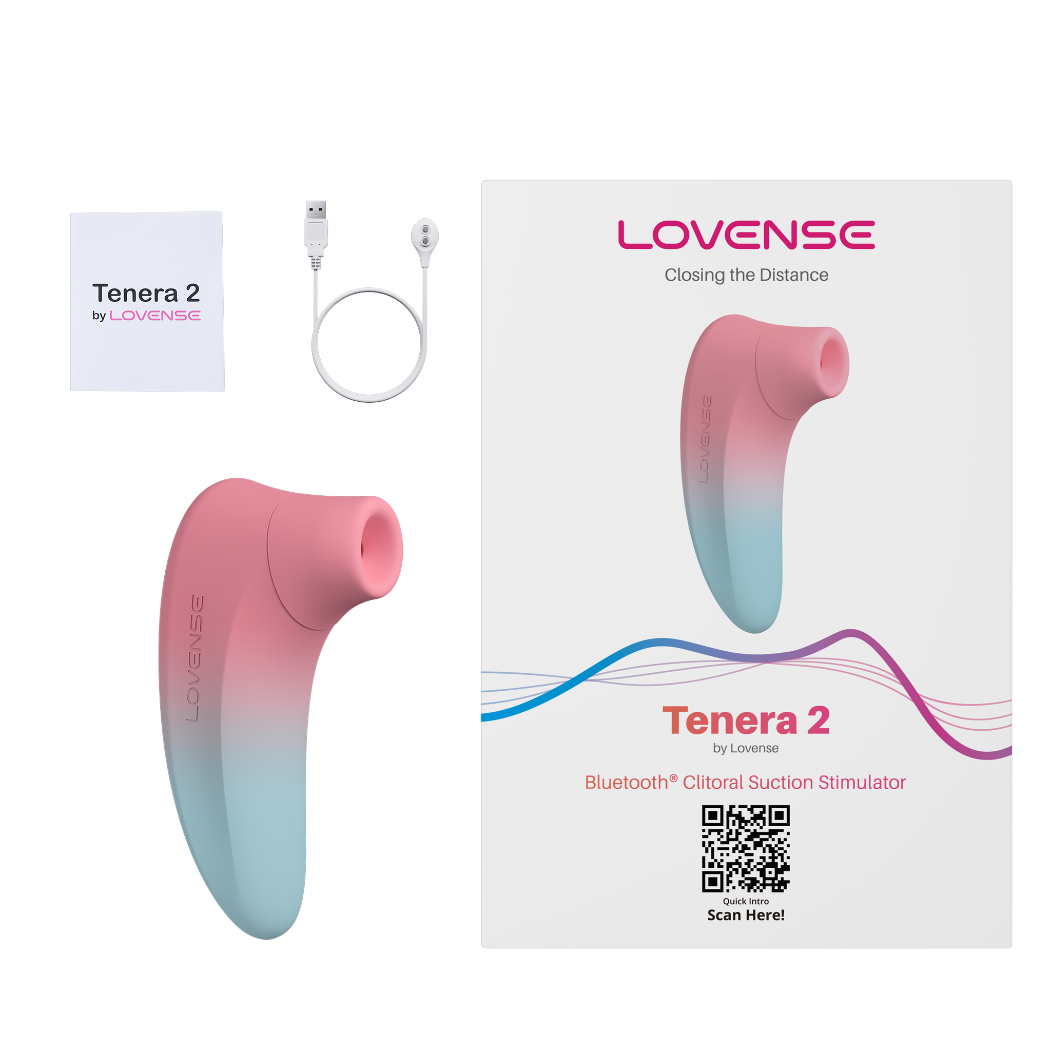 Lovense Tenera 2 with instruction manual, USB magnetic charging cable, and retail box