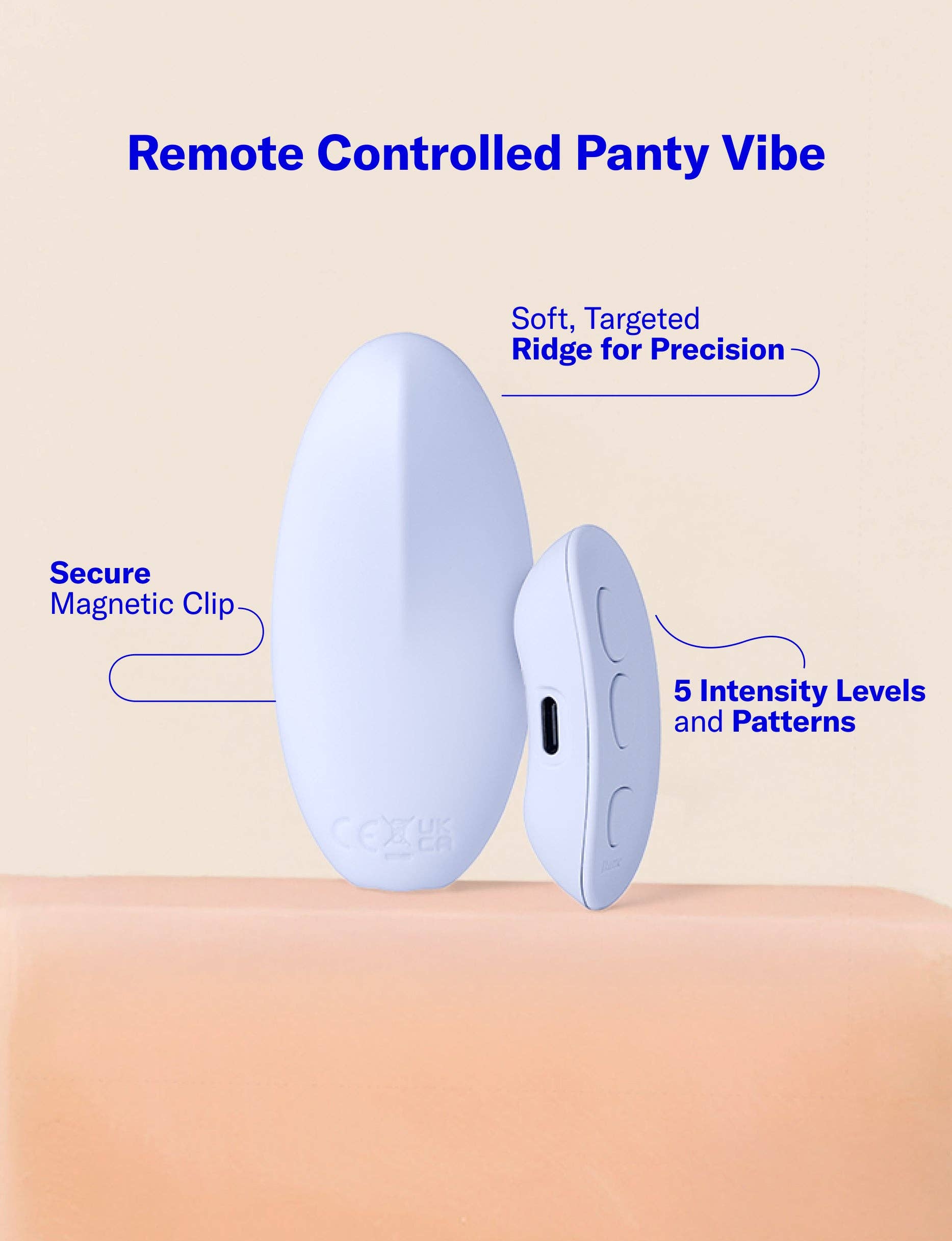 Remote controlled panty vibe with features highlighted on a beige background