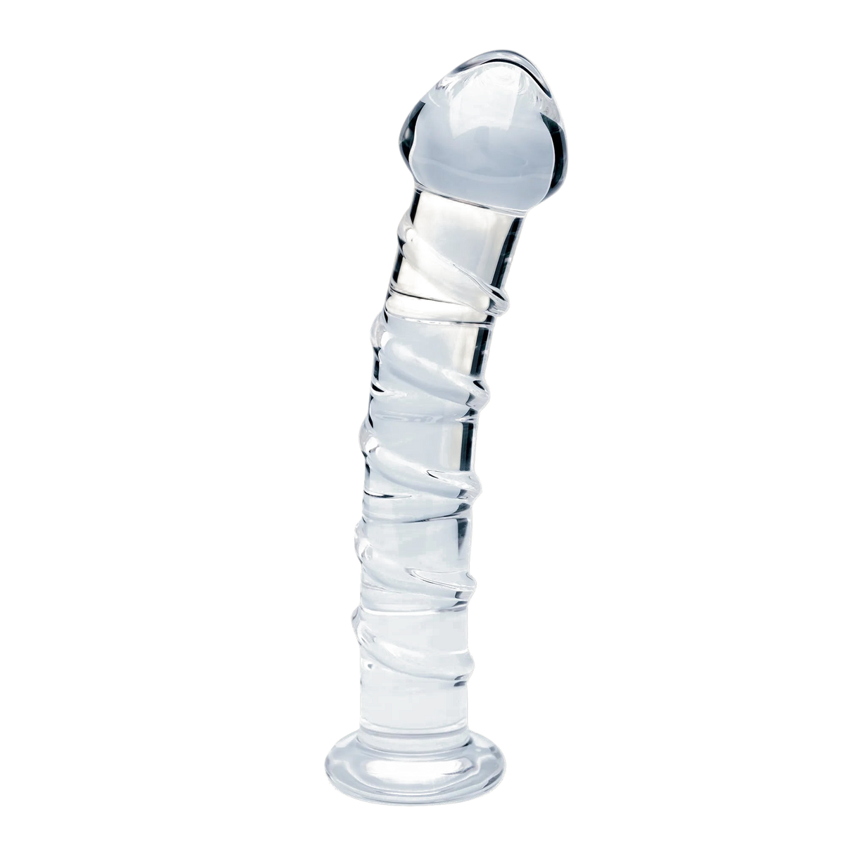 Clarity Seraphic Spiral hand-blown borosilicate glass dildo with spiral texture, transparent background