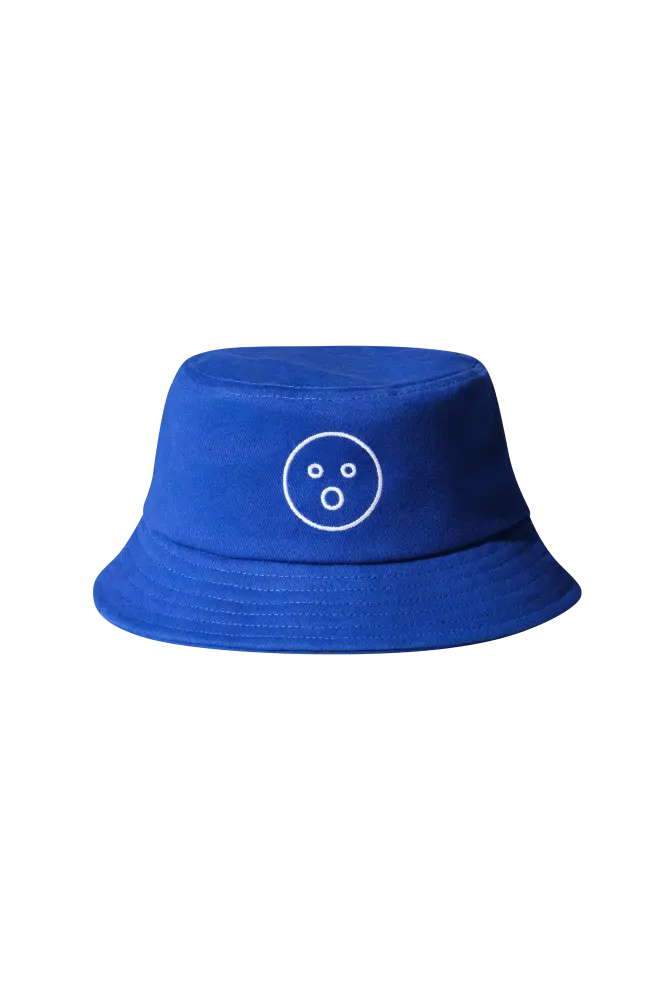 Blue bucket hat with a white smiley face design on a white background