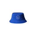 Blue bucket hat with a white smiley face design on a white background