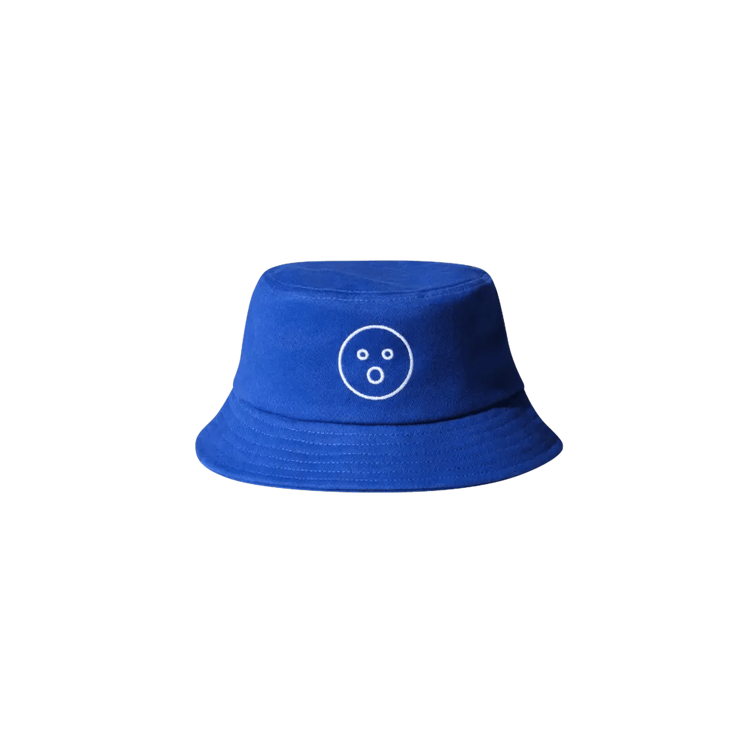 Blue bucket hat with a white smiley face design on a white background