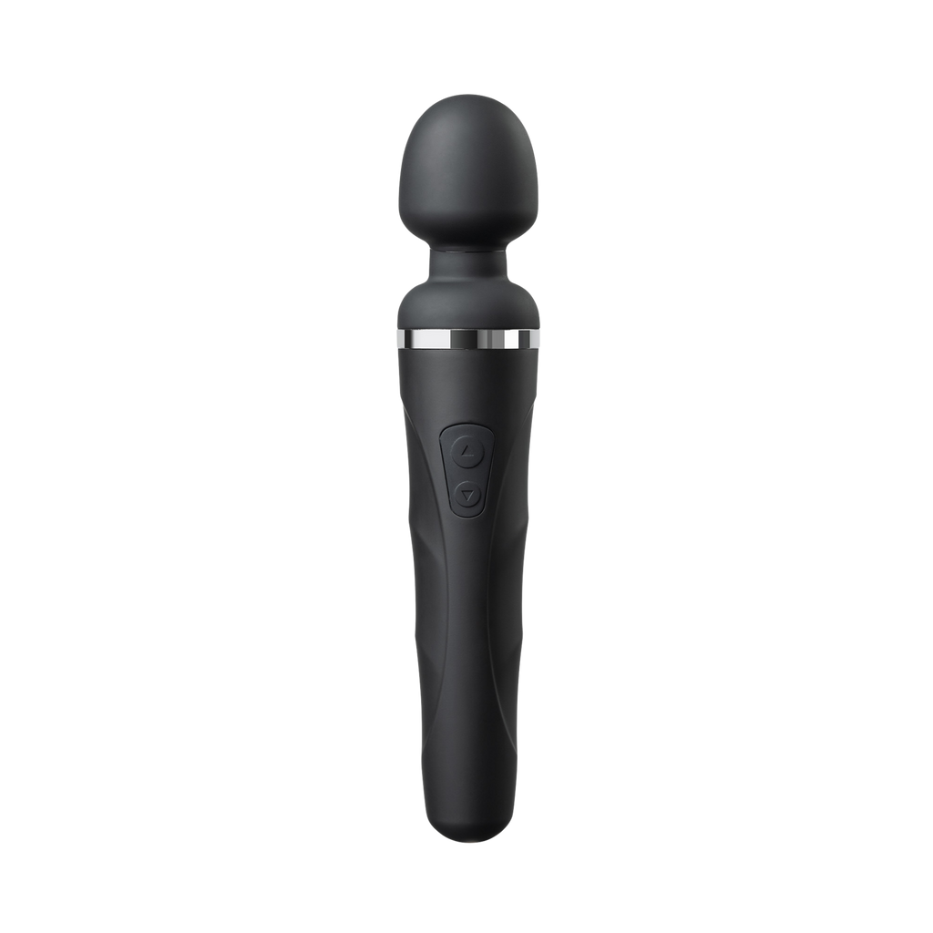 Lovense Domi 2 mini wand vibrator in black, front view showing the silicone head and control buttons