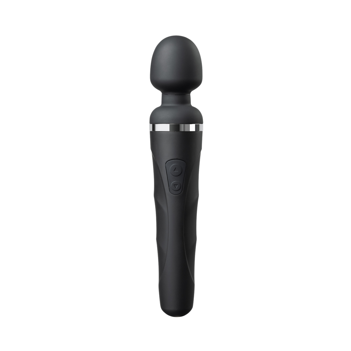 Lovense Domi 2 mini wand vibrator in black, front view showing the silicone head and control buttons
