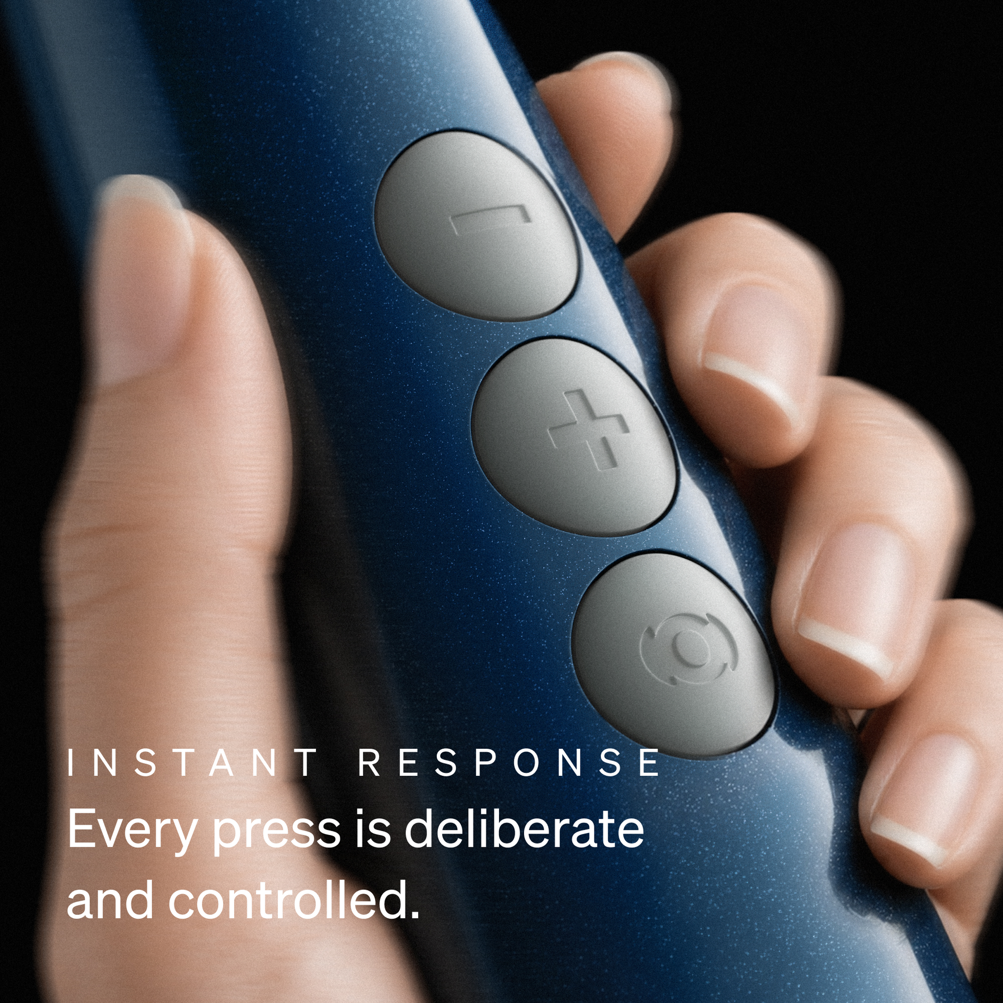 Doxy Die Cast Compact Cordless wand massager control buttons showing instant, deliberate response