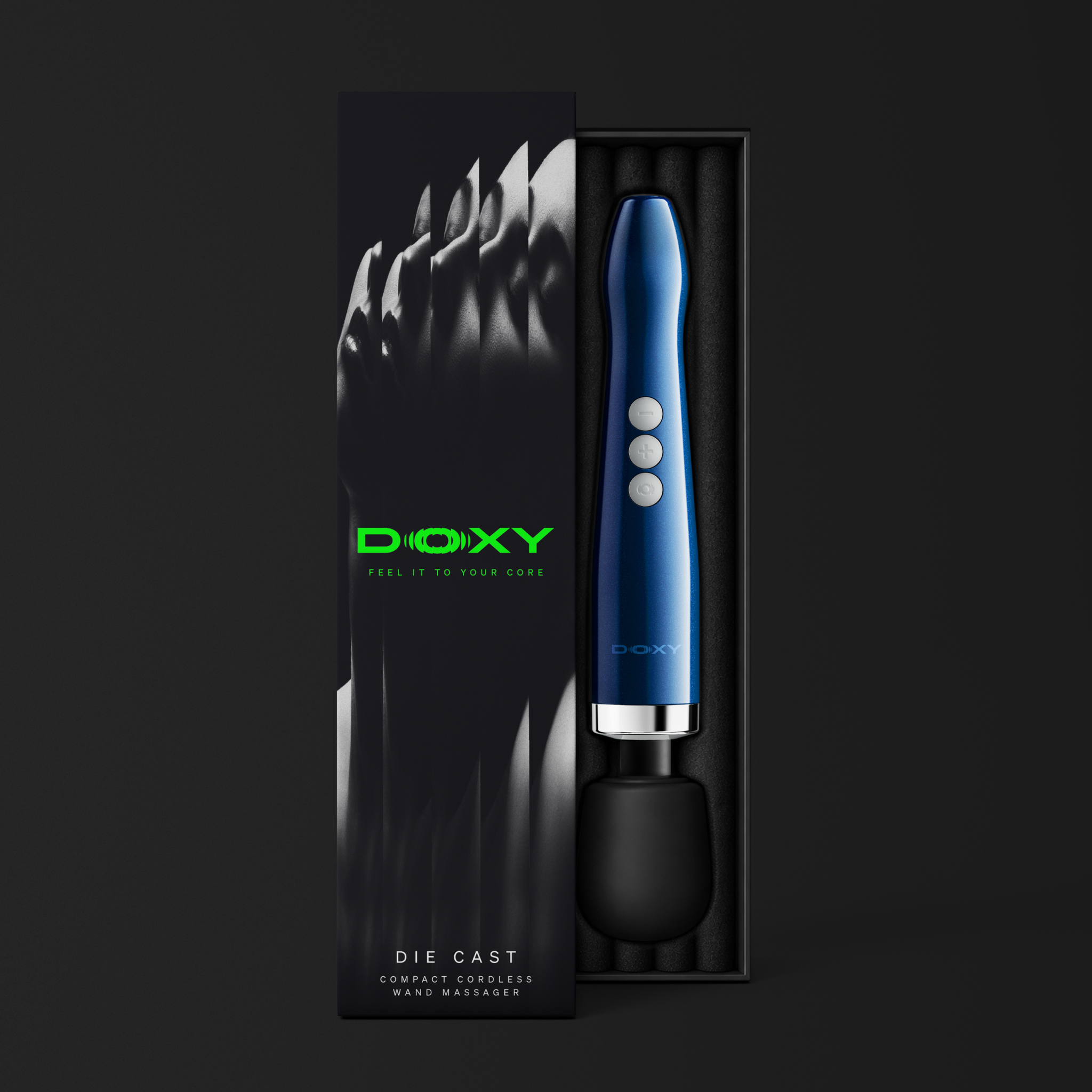 Doxy Die Cast Compact Cordless wand massager in Blue Flame shown in its retail packaging box