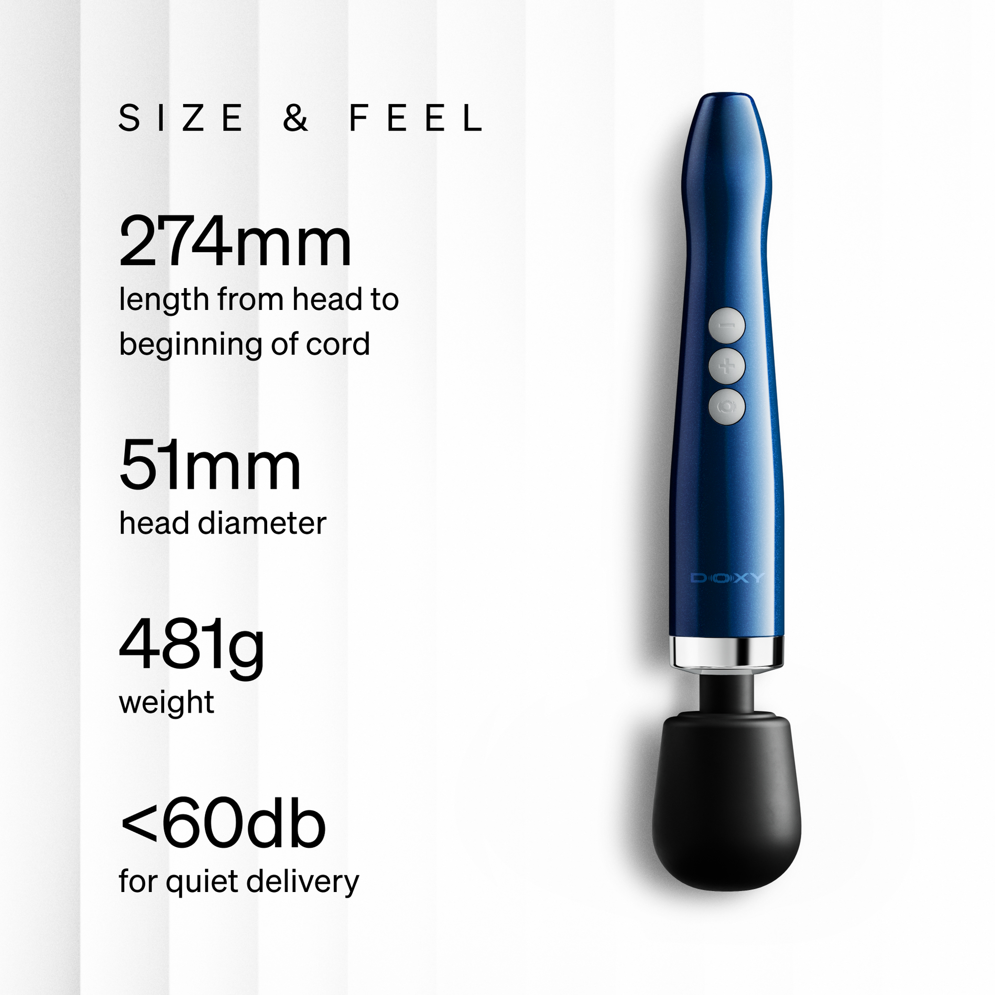 Doxy Die Cast Compact Cordless wand massager size and feel, 274mm length, 51mm head diameter, 481g weight
