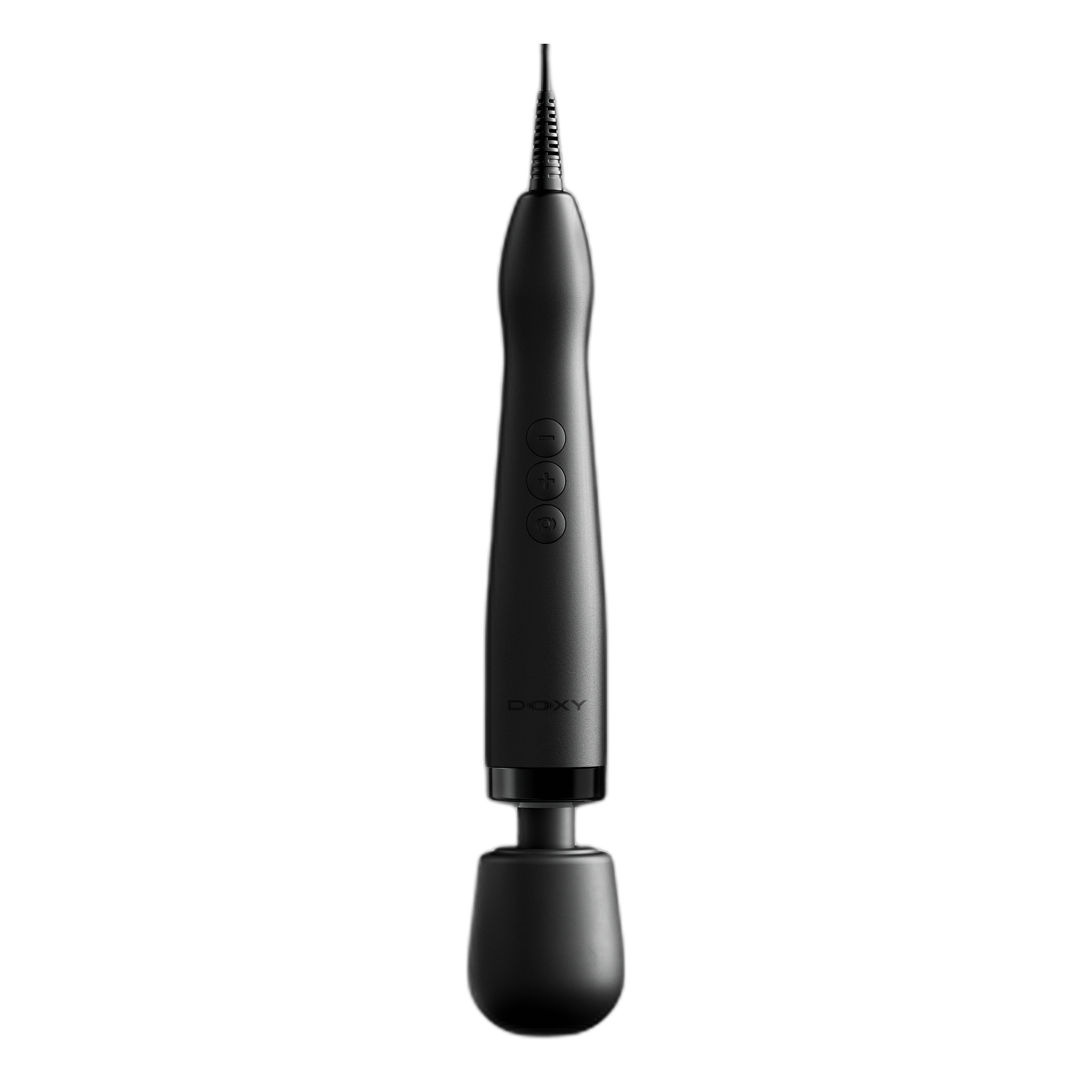 Doxy Original Plug-In wand massager in black, showing the control buttons and handle