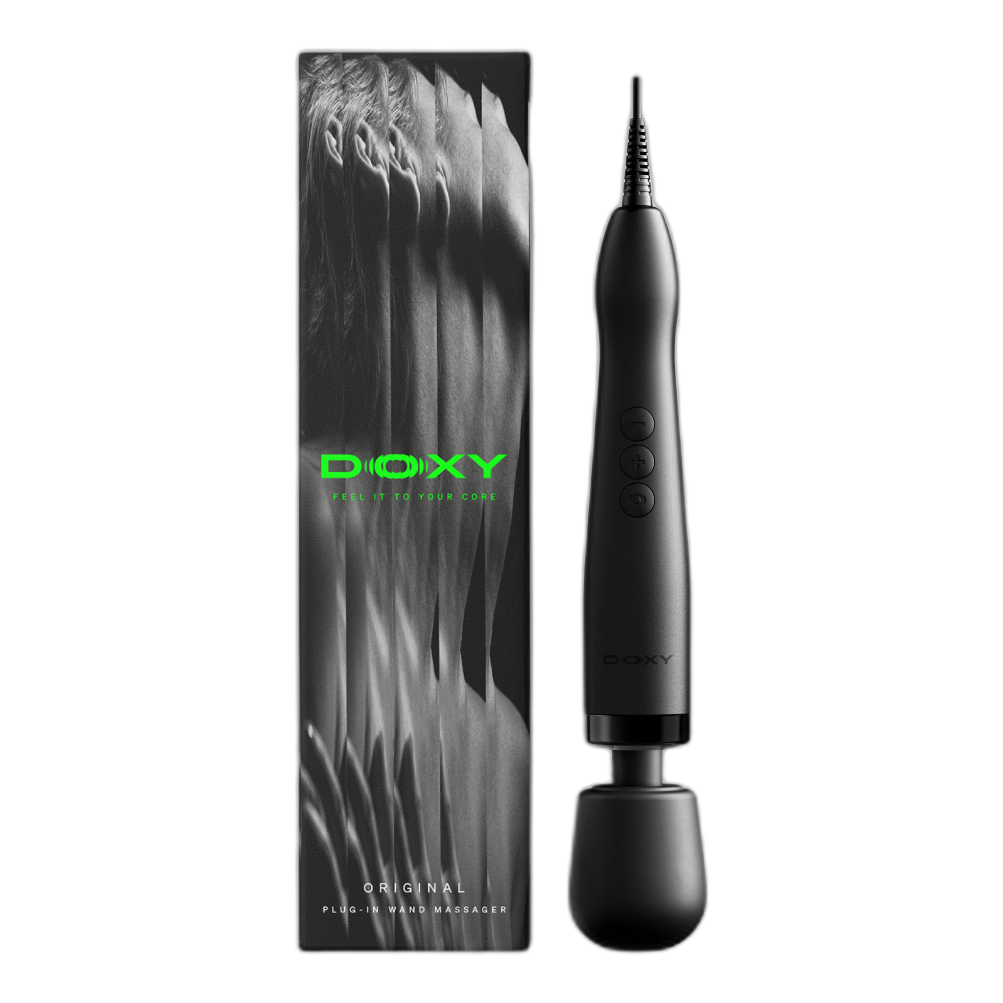 Doxy Original Plug-In wand massager in black next to its retail packaging box