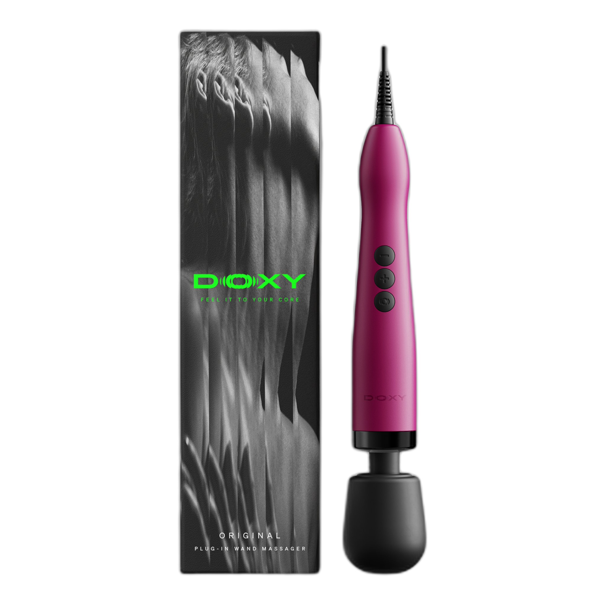 Doxy Original Plug-In wand massager in pink next to its retail packaging box