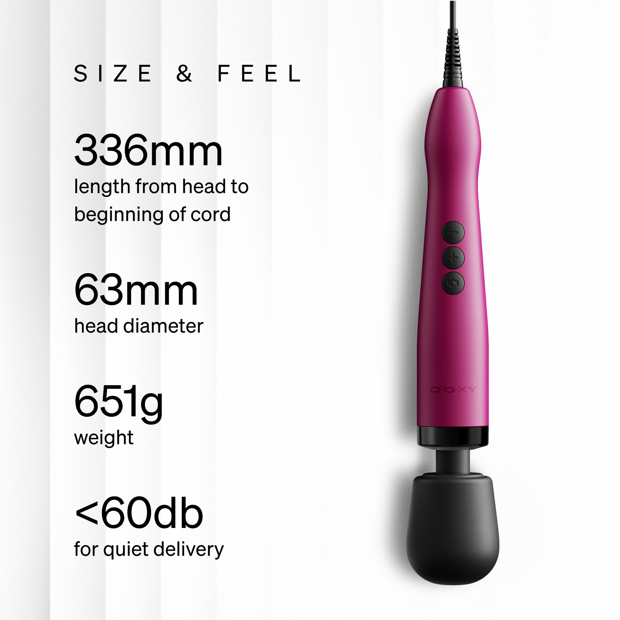 Doxy Original Plug-In pink wand massager size and feel, 336mm length, 63mm head diameter, 651g weight