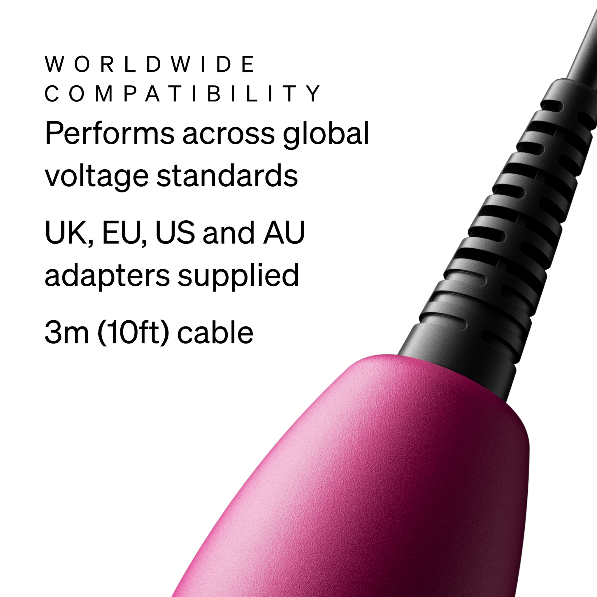 Doxy Original Plug-In pink wand massager, worldwide compatibility with UK, EU, US and AU adapters and 3 metre cable