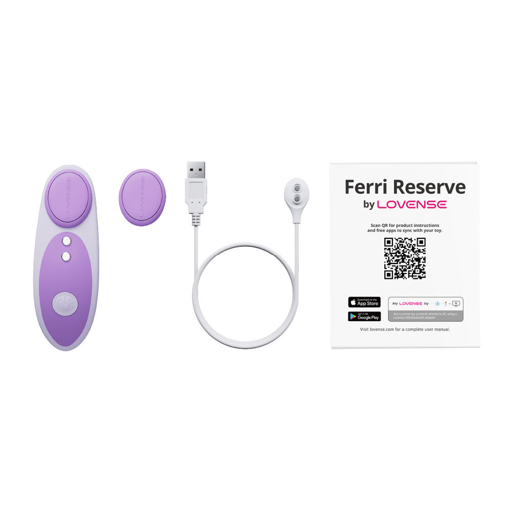 Lovense Ferri Reserve with everything in the box: extra magnetic cap, USB charging cable and user manual