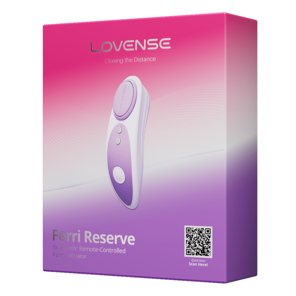 Lovense Ferri Reserve Lavender retail packaging, angled view