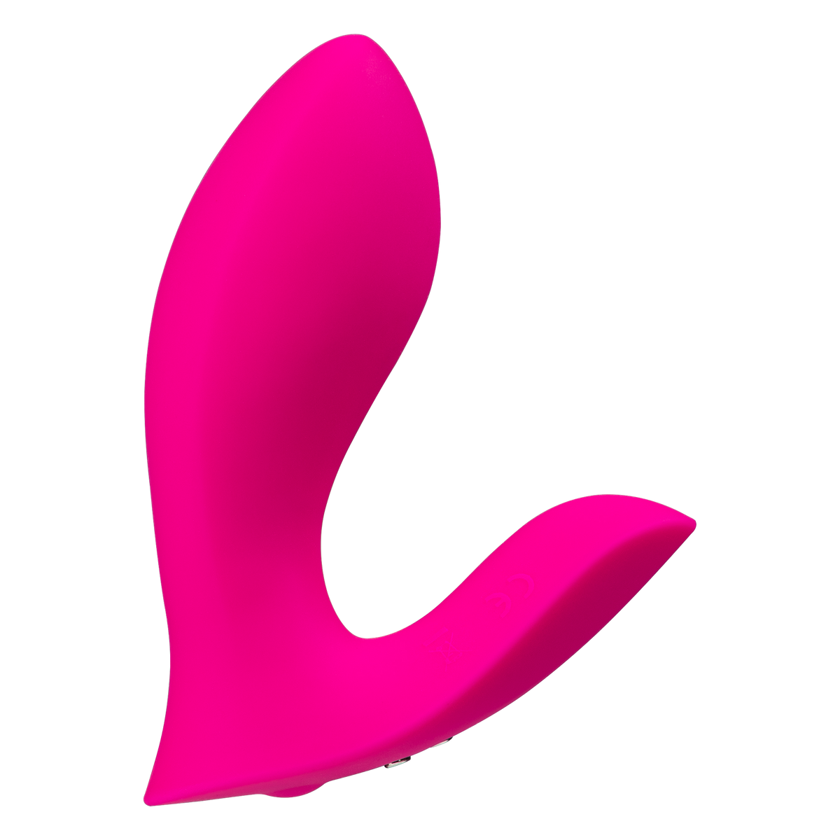Opposite side profile of the Lovense Flexer app-controlled panty vibrator in pink body-safe silicone