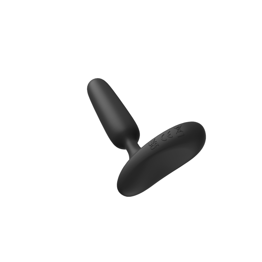 Lovense Glint black butt plug at an angle, showing the rounded tip and the curved touch-responsive base