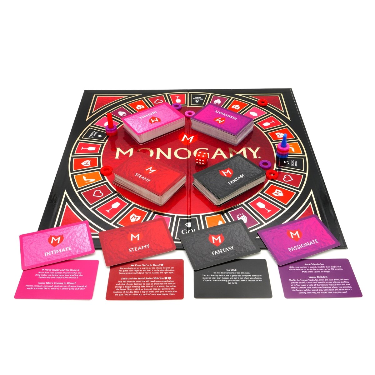 Monogamy game board with example Intimate, Passionate, Steamy and Fantasy cards laid out in front