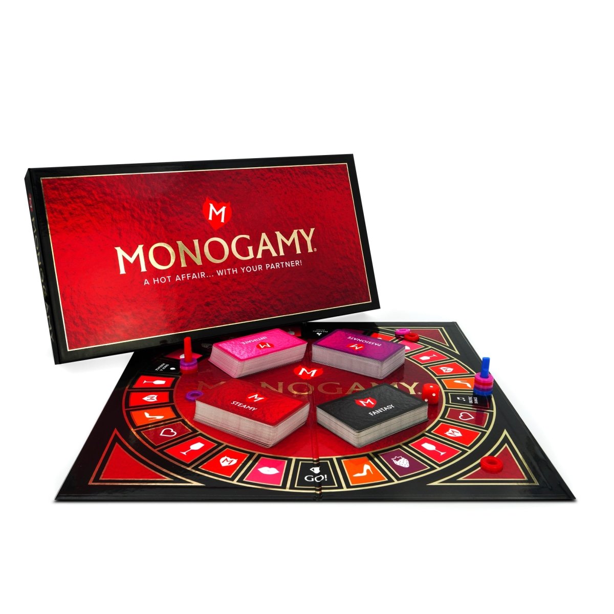 Monogamy couples board game box standing behind the game board with card decks and play pieces