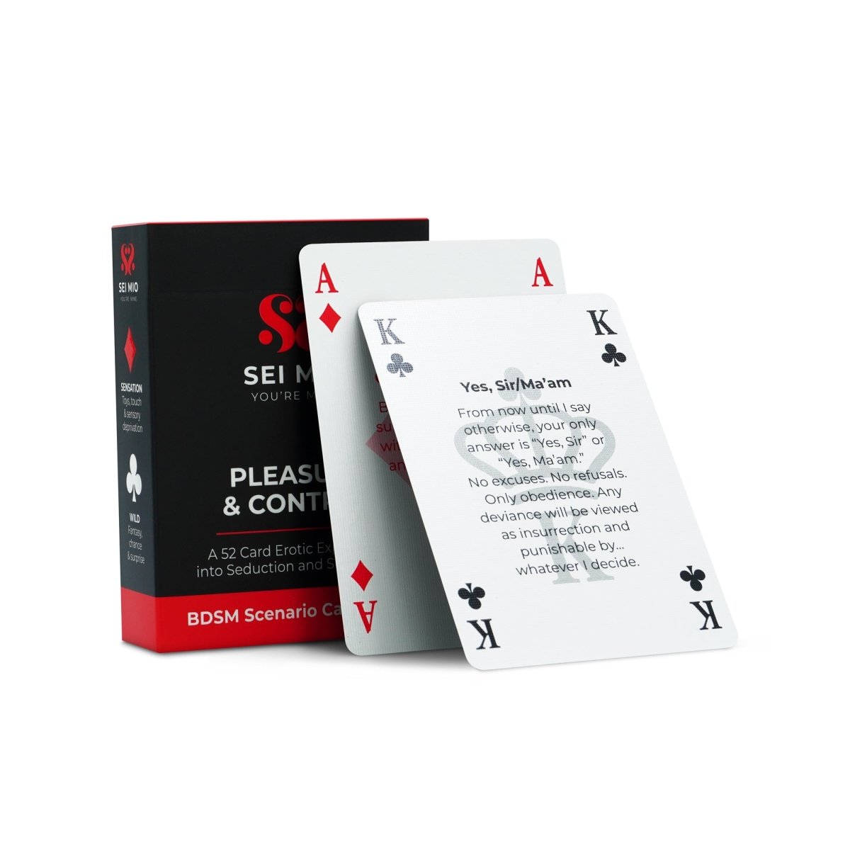 Sei Mio Pleasure & Control box with two example scenario cards on a white background