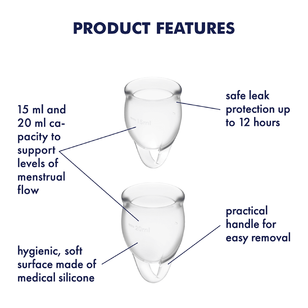 Satisfyer Feel Confident product features diagram: 15ml and 20ml capacity, up to 12 hours protection, removal handle