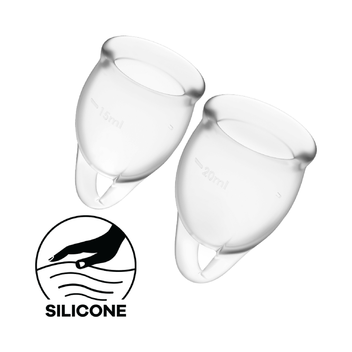 Satisfyer Feel Confident 15ml and 20ml menstrual cups in clear medical-grade silicone