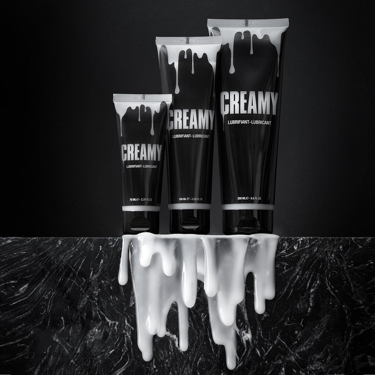 Strap On Me Creamy Fake Cum Lube, all three tube sizes