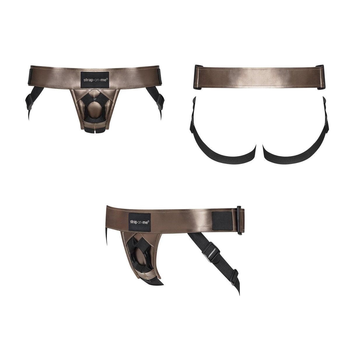 Strap On Me Curious Faux Leather Harness in Bronze, front, side and back views