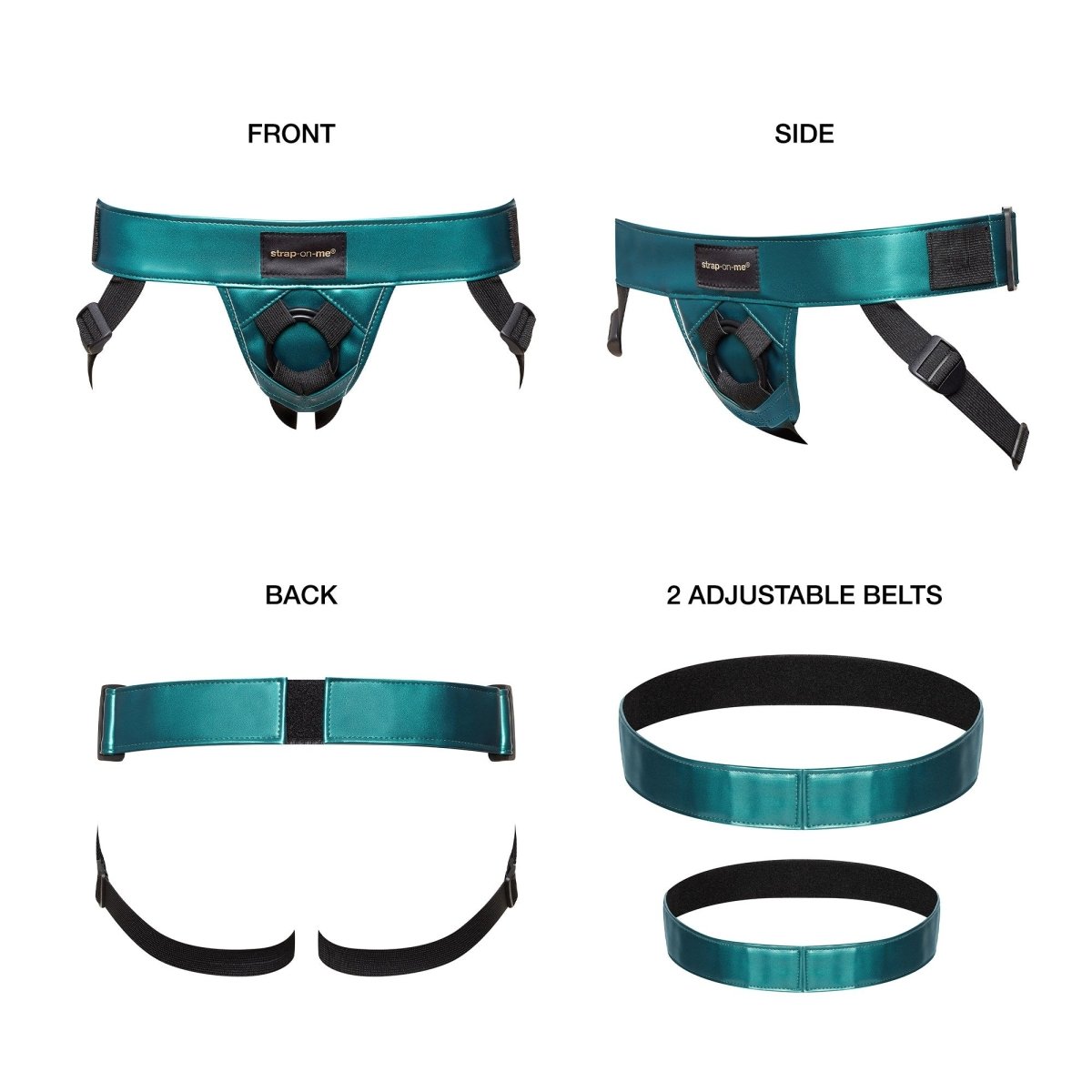 Strap On Me Curious Faux Leather Harness in Metallic Green, front, side, back views and two adjustable belts
