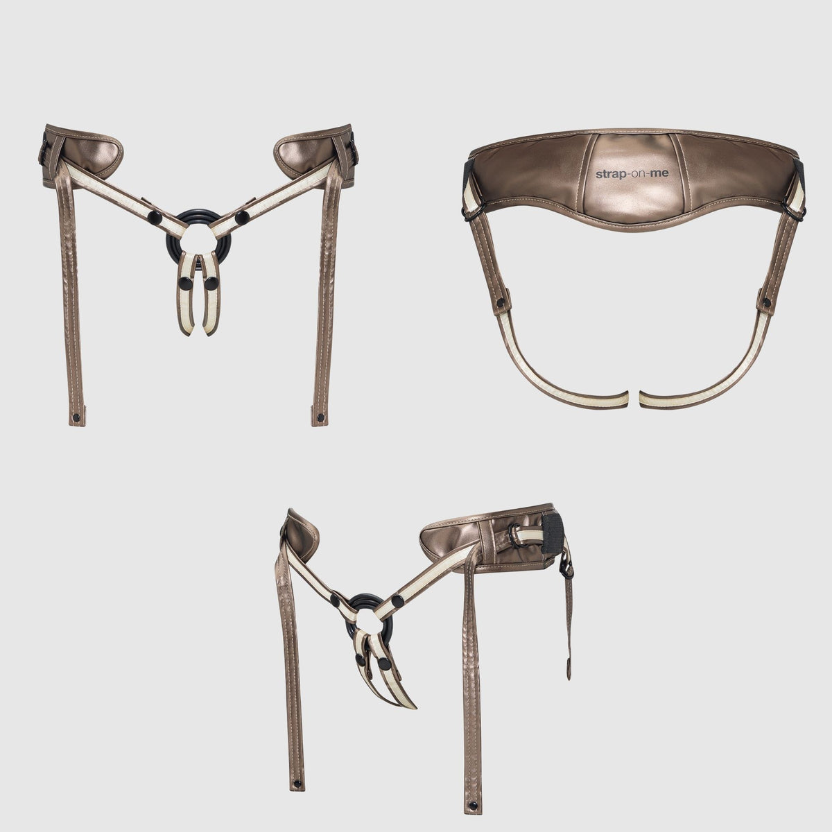 Strap On Me Desirous Faux Leather Harness in Golden Bronze, front, back and side views