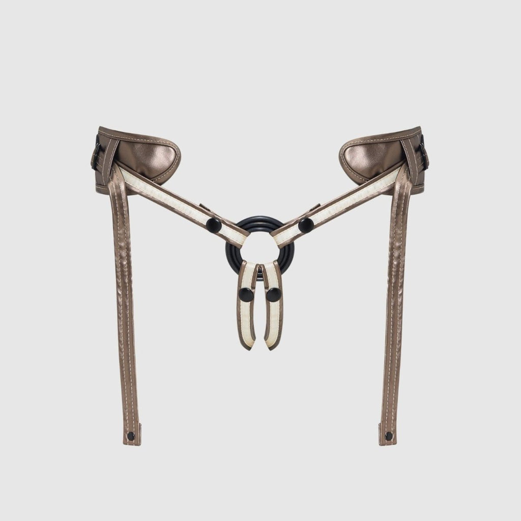 Strap On Me Desirous Faux Leather Harness in Golden Bronze, front view showing the three rings