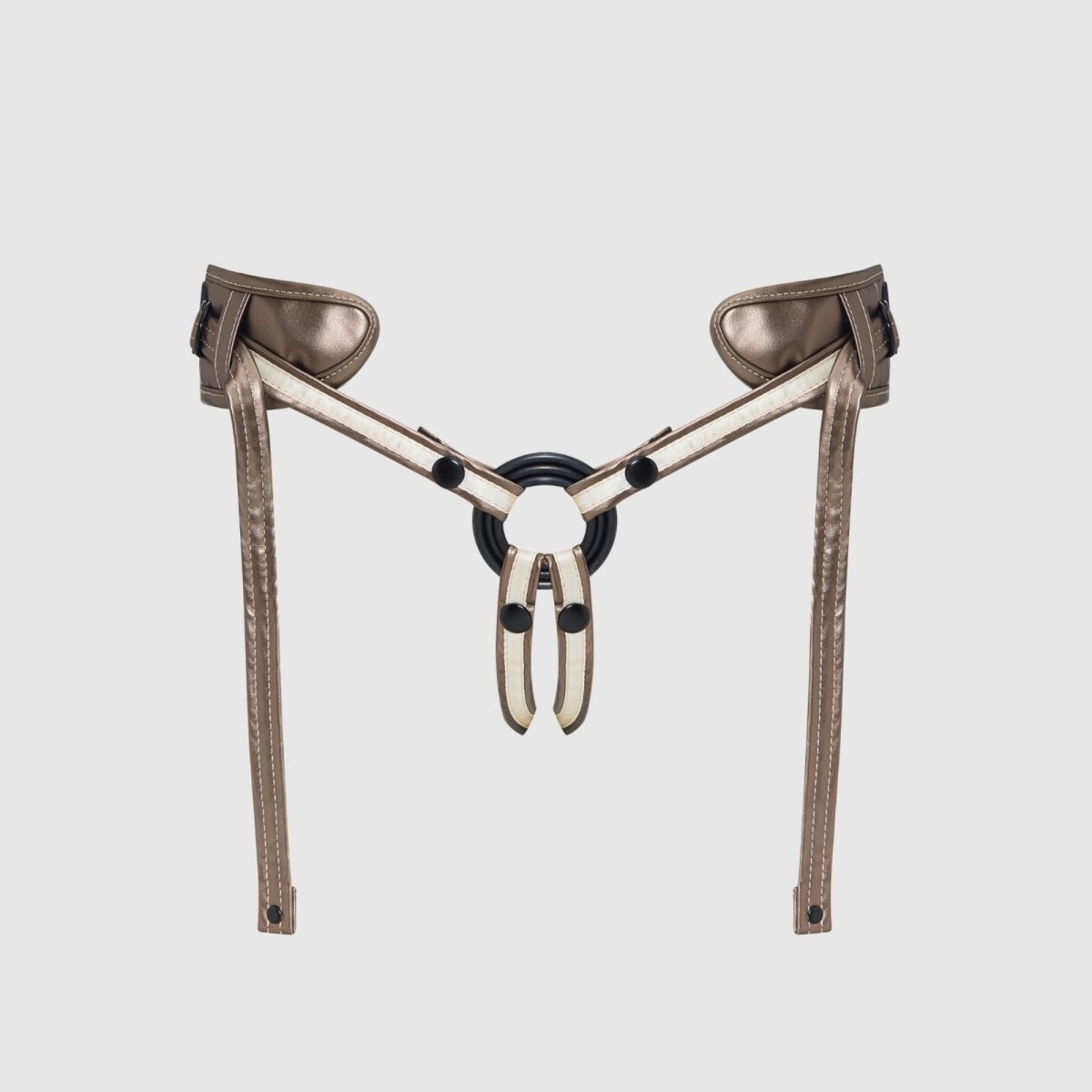 Strap On Me Desirous Faux Leather Harness in Golden Bronze, front view showing the three rings
