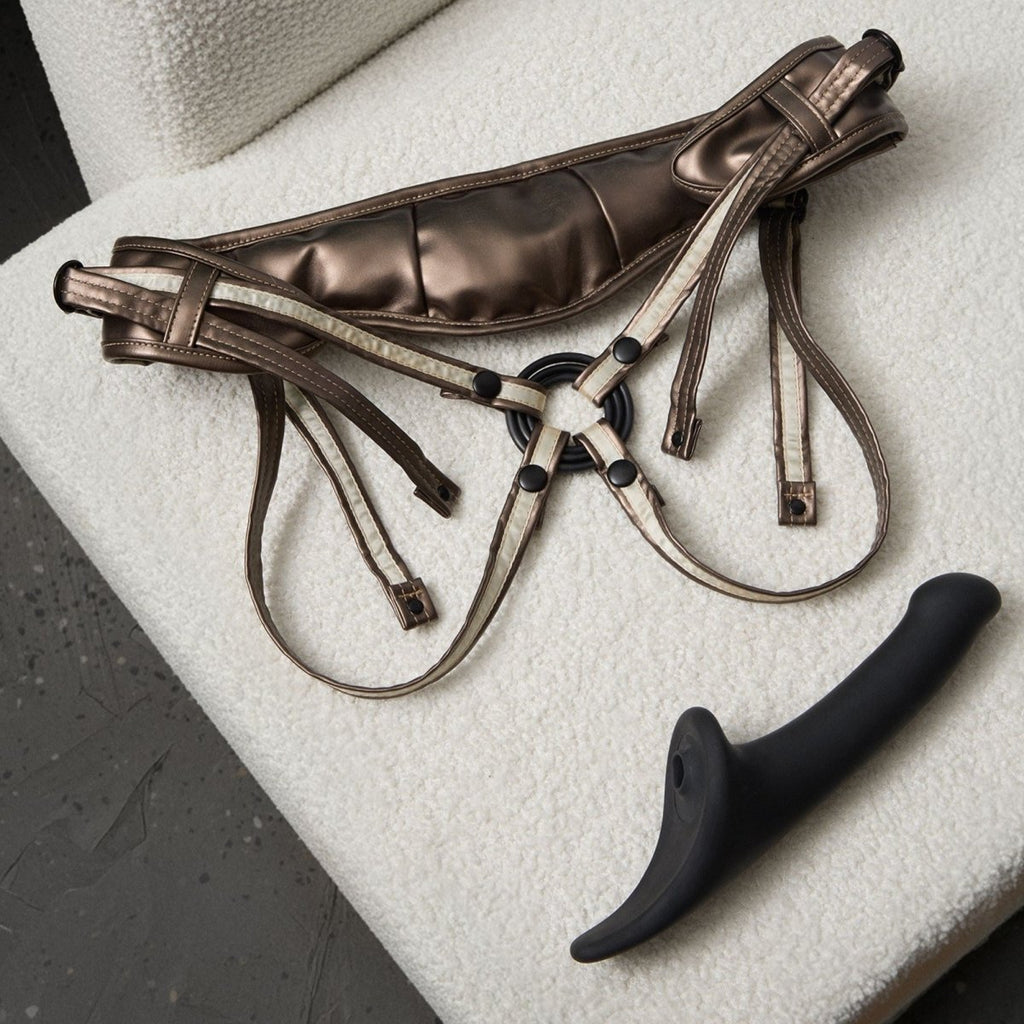 Strap On Me Desirous Faux Leather Harness in Golden Bronze, with the Multi Orgasm Dildo