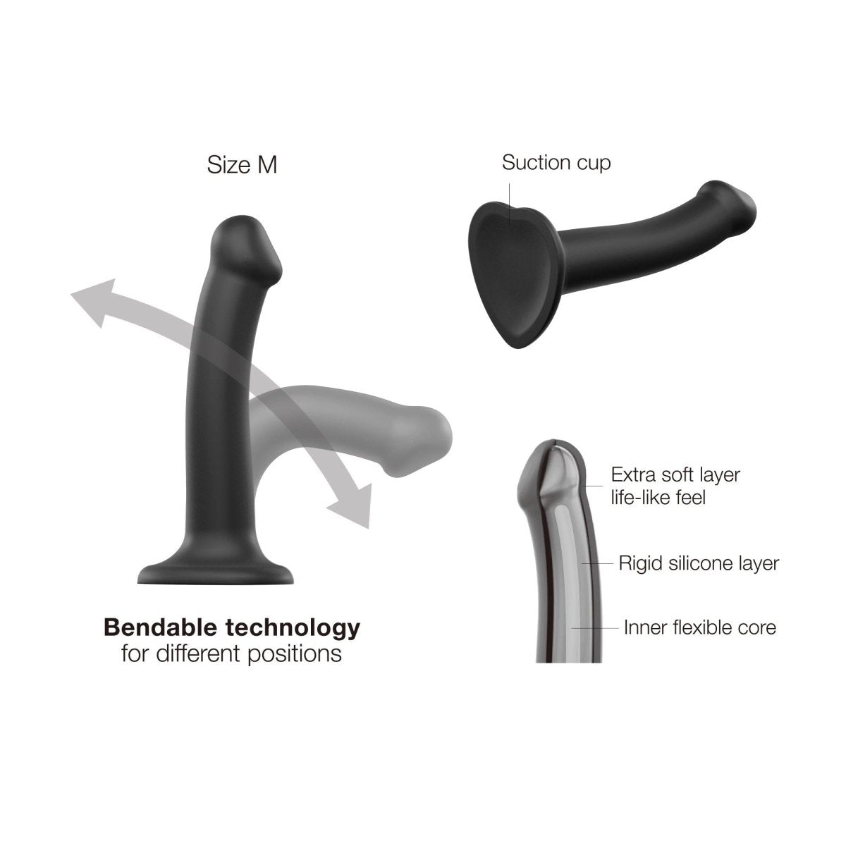 Strap On Me Dual Density Bendable Dildo, bendable shape memory, suction cup and dual-density layers explained