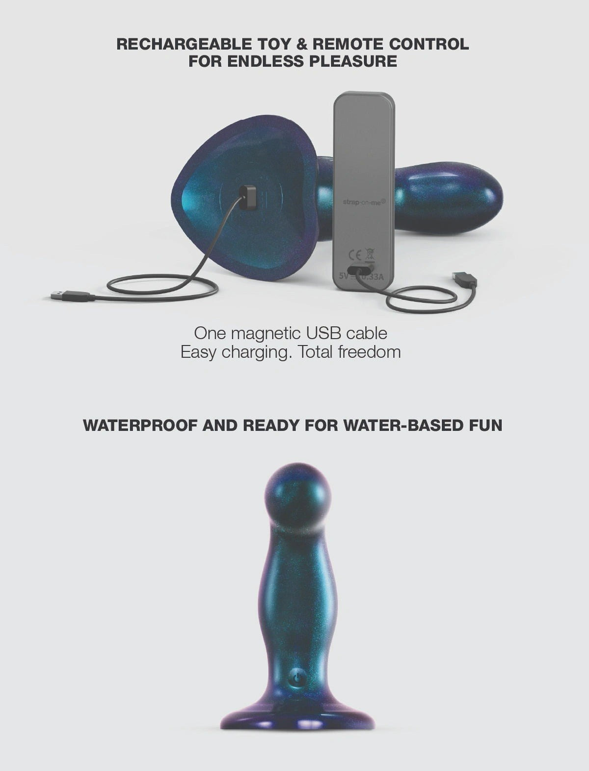 Strap On Me Fingering & Vibrating Dildo in Metallic Blue, rechargeable and waterproof