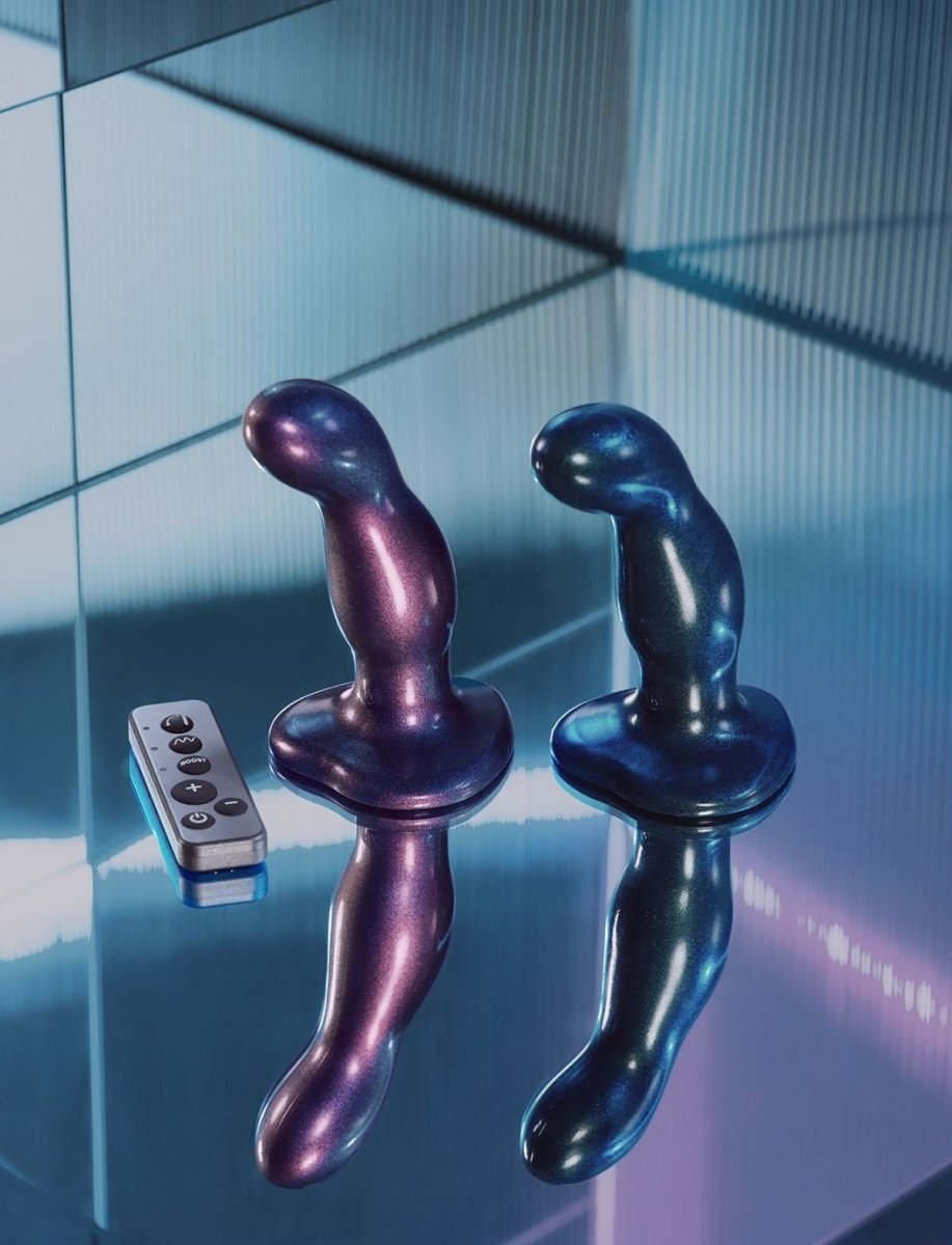 Strap On Me Fingering & Vibrating Dildo in Metallic Blue, both colours side by side